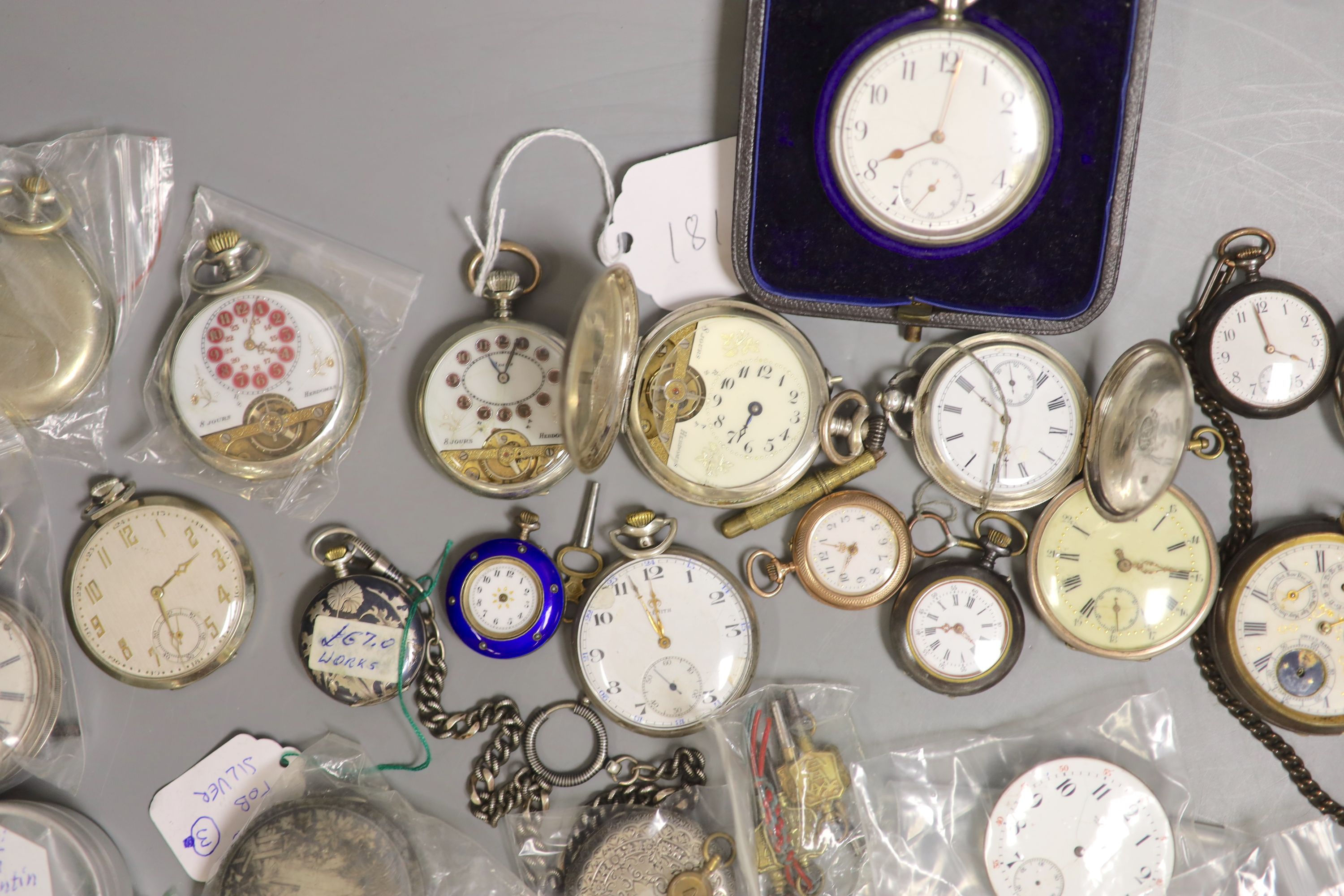 A quantity of pocket watches, movements etc. including three Hebdomas, one 800 standard, a Zenith, Longines, mostly a.f.